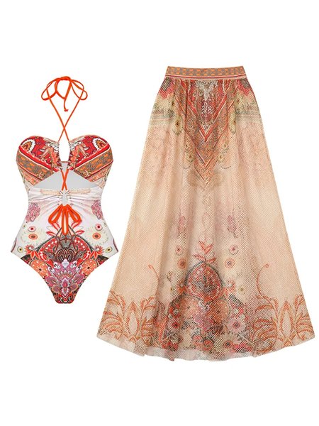 

Stylewe Vacation Abstract Printing Strapless One Piece With Cover Up, Pink, Swimsuit with Coverups