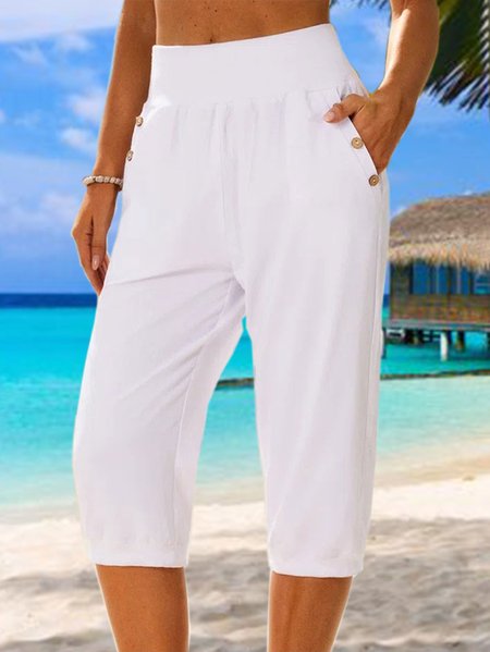 

Women's Elastic Waist Casual Buttoned Pants Beach Shorts, White, Pants