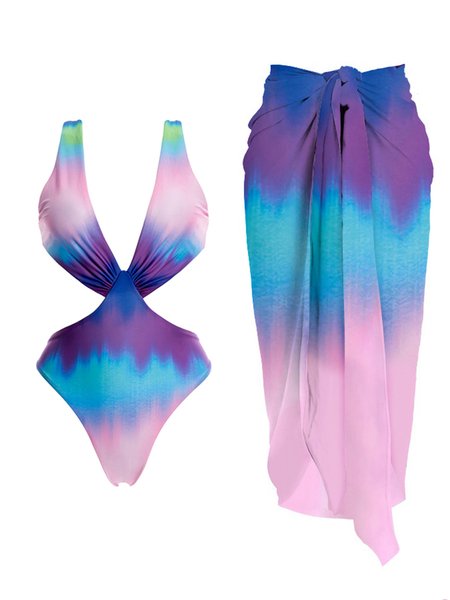 

Vacation Ombre Printing One Piece With Cover Up, Multicolor, Swimsuit with Coverups
