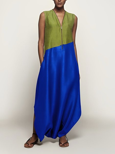

Color Block V Neck Loose Casual Jumpsuit, Blue, Jumpsuits