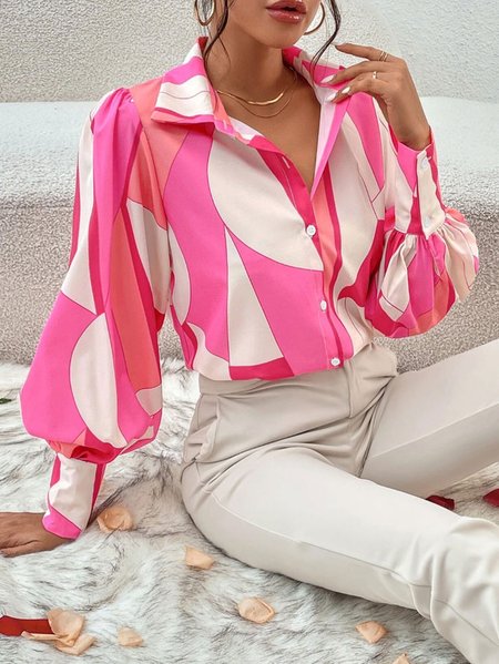 

Shirt Collar Urban Loose Geometric Blouse, Pink, Blouses and Shirts