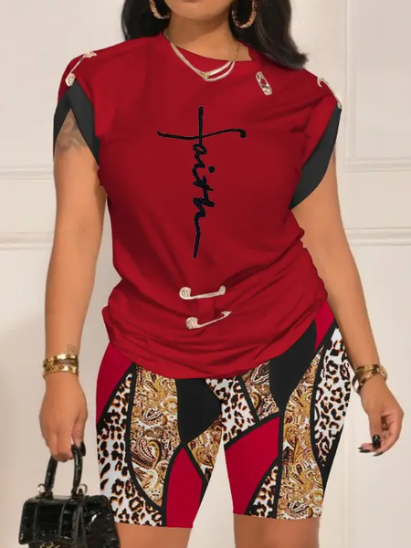

Crew Neck Leopard Casual Loose Two-Piece Set, Wine red, Tops