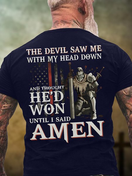 

Men's The Devil Saw Me With My Head Down And Thought Hed Won Until I Said Amen Funny Graphic Printing Casual Cotton Text Letters T-Shirt, Purplish blue, T-shirts