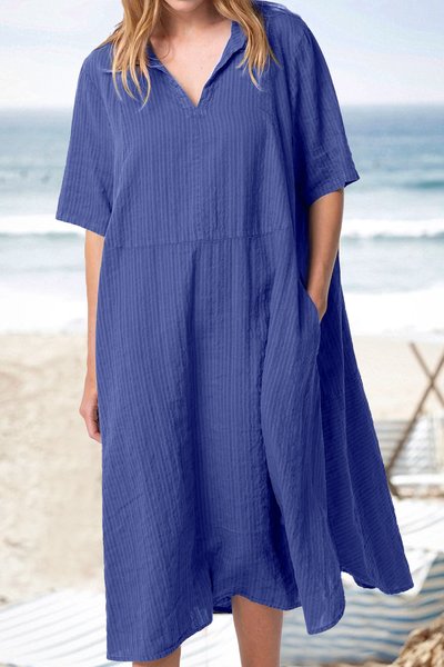 

V Neck Loose Simple Dress, Blue, Dresses
