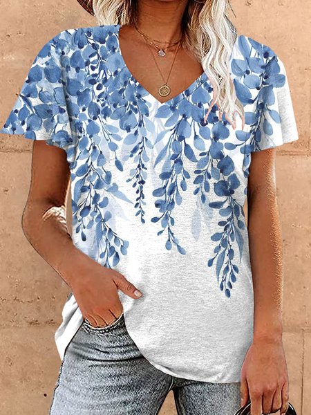 

Women's Flower Casual V Neck T-Shirt, Blue, T-shirts
