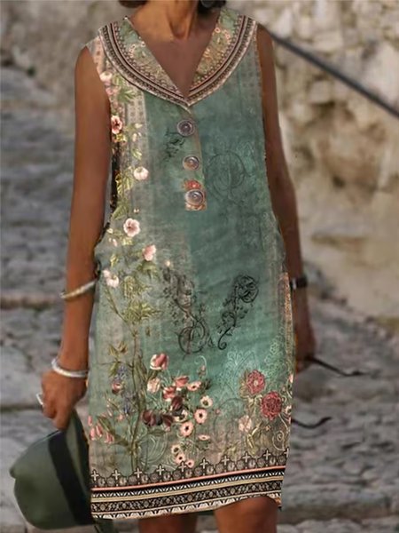 

Cotton Loose Vacation V Neck Dress, Green, Dresses