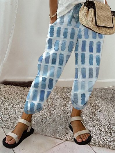

Cotton And Linen Drawstring Linen Pants, Blue, Pants