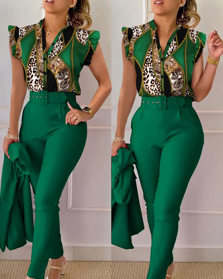 

Stand Collar Casual Two-Piece Set With Belt, Green, Suit Set