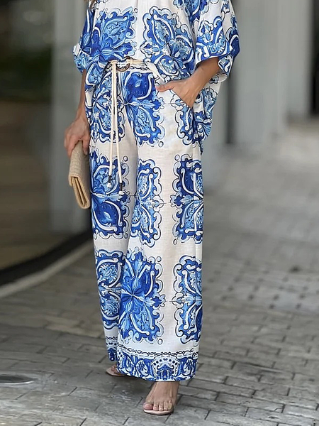 

Loose Ethnic Urban Fashion Long Pants Wide leg pants, Blue, Pants