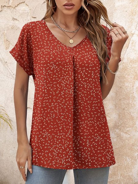 

V Neck Loose Floral Vacation Blouse, Red, Shirts & Blouses