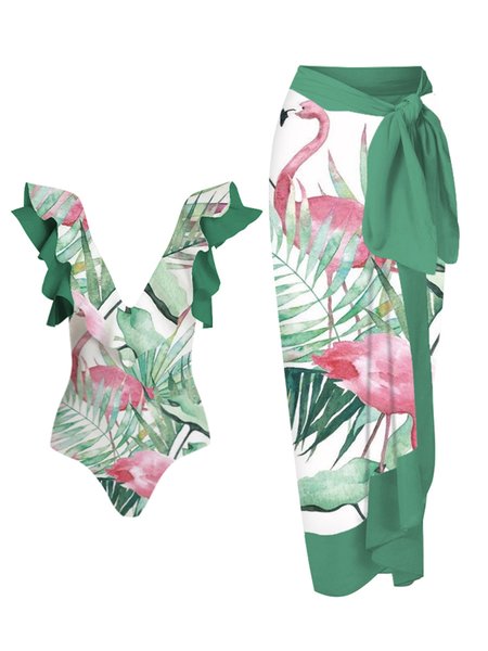 

Vacation Plants Printing V Neck One Piece With Cover Up, Green, Swimsuit with Coverups