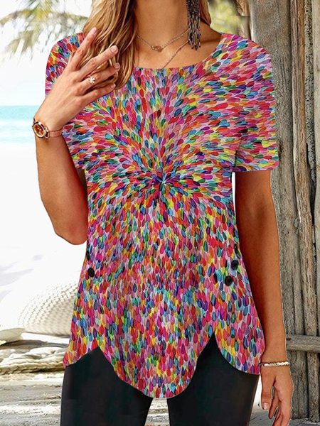 

Casual Geometric Crew Neck Loose Shirt, Red, Shirts & Blouses