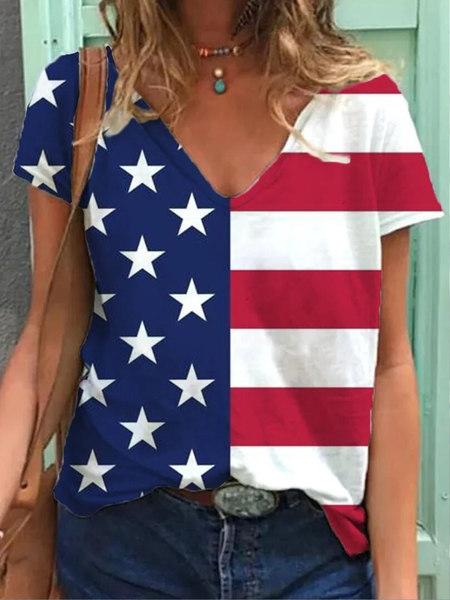 

V Neck Geometric Casual T-Shirt, Red-blue, T-Shirts
