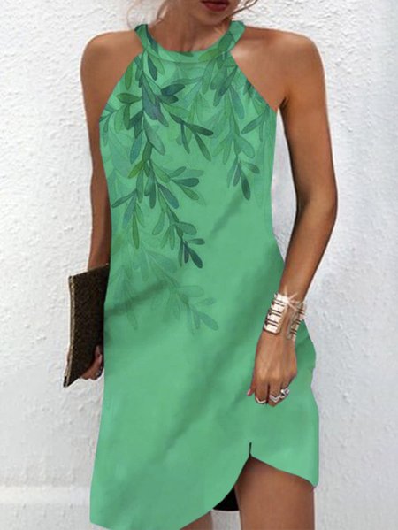 Leaf Crew Neck Regular Fit Casual Dress, Green, Dresses