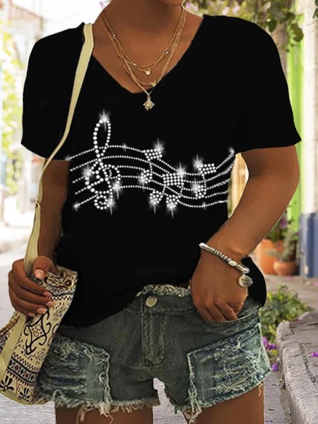 

Music Festival Plus Size Casual V Neck Loose T-Shirt, Black, T-Shirts