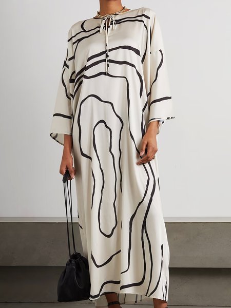 

Three Quarter Abstract Stripes Regular Fit Elegant Dress, White, Maxi Dresses