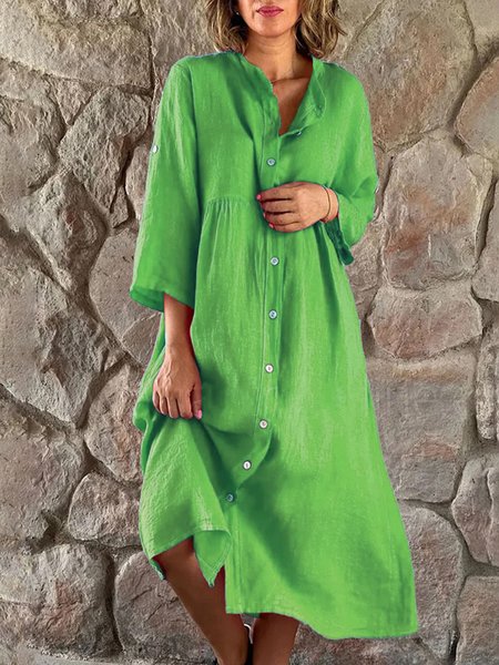 

Linen Loose Stand Collar Cotton And Linen Dress, Green, Midi Dresses
