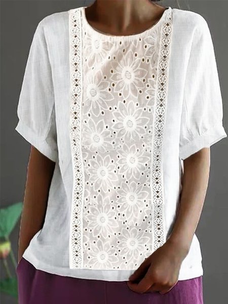 

women's linen boutique Linen Split Joint Cotton T-Shirt, White, Tunics