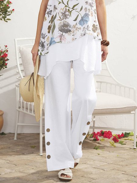 

Cotton And Linen Casual Buckle Pants, White, Pants