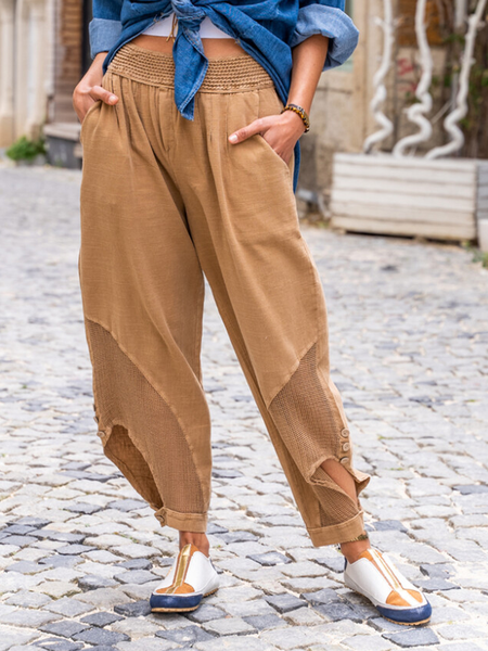 

Buttoned Plain Linen Cotton Pants, Khaki, Pants