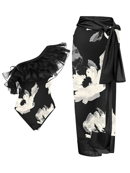 

Vacation Floral Printing One Shoulder One Piece With Cover Up, Black, Swimsuit with Coverups