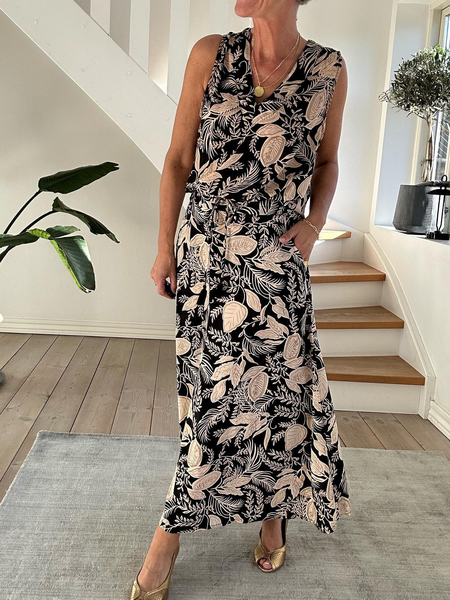 

Loose V Neck Floral Casual Dress, Black, Dresses
