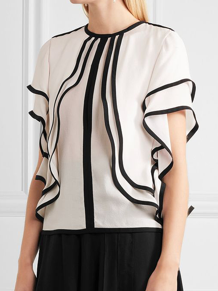 

Loose Color Block Short sleeve Crew Neck Urban Shirt, Black-white, Blouses and Shirts