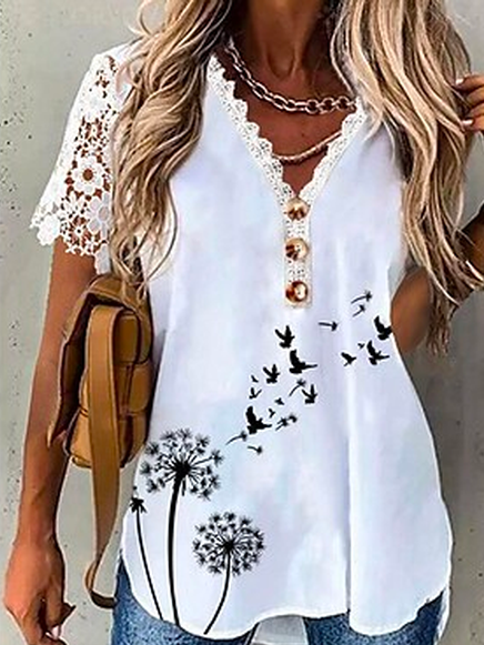 

V Neck Vacation Loose Floral Blouse, White, Shirts & Blouses