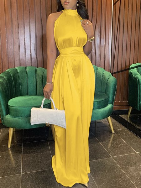 

Elegant Plain Halter Regular Fit Dress, Yellow, Maxi Dresses