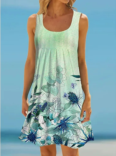 

Floral Casual Loose Square Neck Dress, Green, Dresses