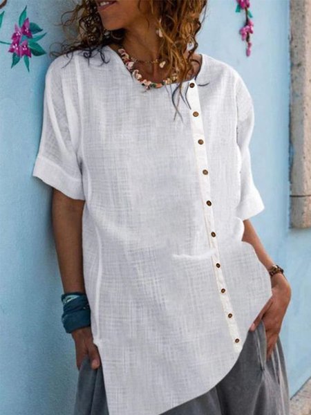 

women's linen boutique Loose Linen Plain Crew Neck Shirt, White, Tunics