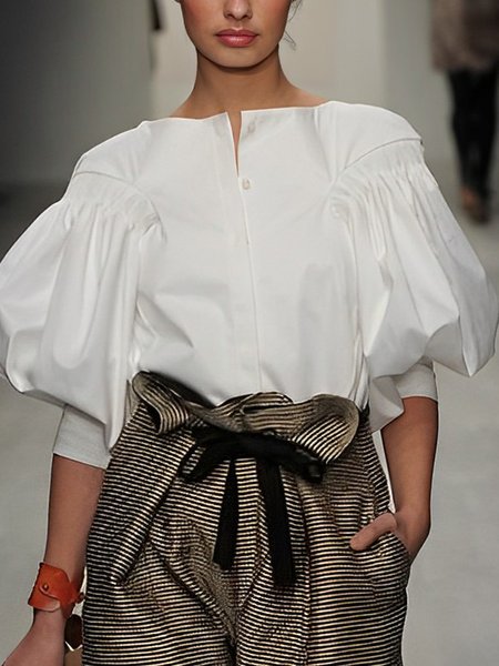 Regular Fit Urban Boat Neck Plain Blouse, White, Blouses and Shirts