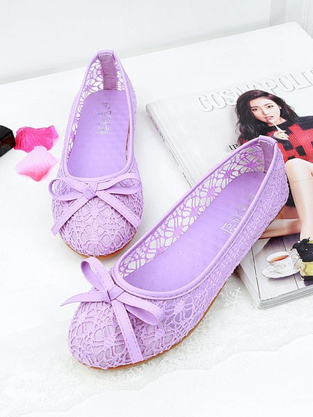 

Elegant Hollow Out Lace Ballet Flats Bowknot Front Round Toe Shoes, Purple, Flats