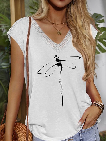 

Casual Lace Edge V Neck Dragonfly T-Shirt, White, T-Shirts