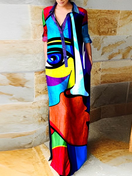 

Urban Regular Fit Shirt Collar Abstract Maxi Dress, As picture, Maxi Dresses