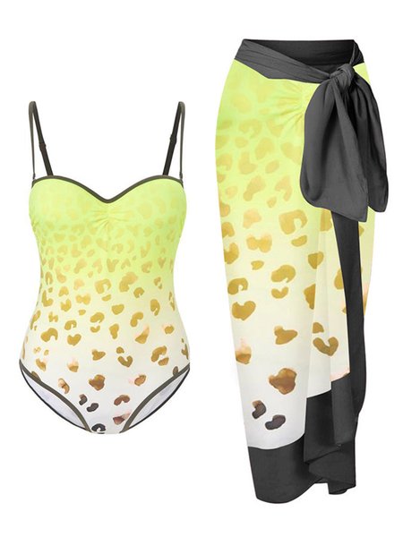 

Vacation Animal Printing One Piece With Cover Up, Yellow, Swimsuit with Coverups