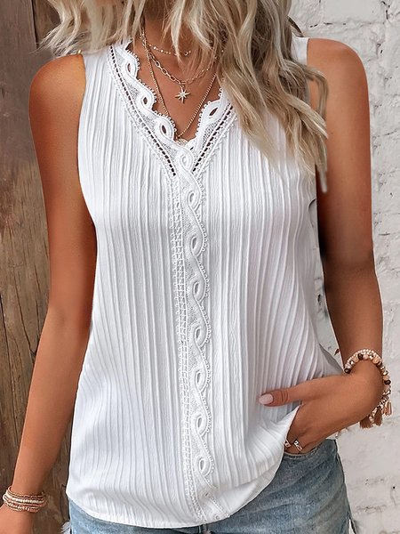 

Plain Elegant Lace V Neck Tank Top, White, Tanks & Camis