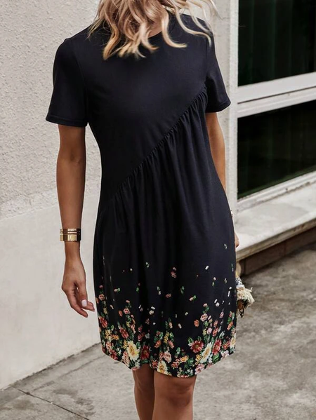 

Crew Neck Knitted Casual Floral Dress, Black, Dresses