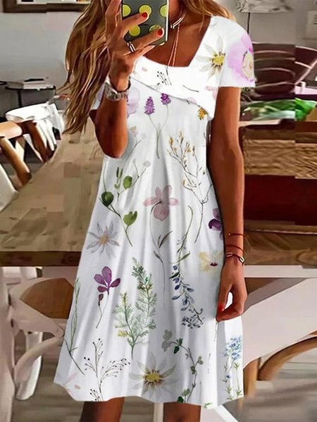 

Floral Casual Asymmetrical Loose Dress, White, Dresses