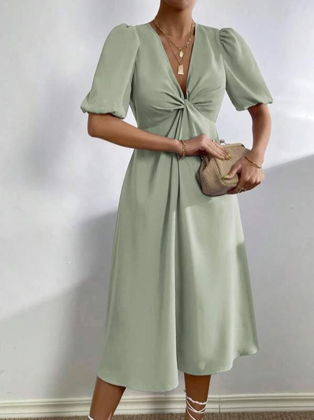 

Casual V Neck Plain Loose Dress, Green, Dresses