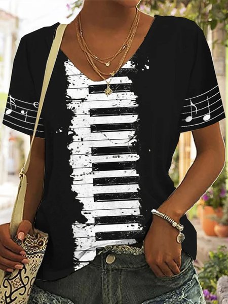 

Casual Abstract Graphic V Neck Loose T-Shirt, Black, T-Shirts