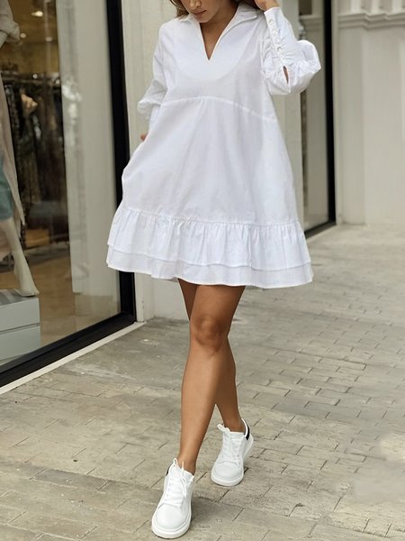 

Loose Casual Plain V Neck Dress, White, Mini Dresses