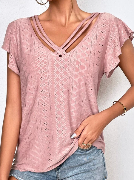 

Vacation Loose Floral Eyelet Embroidery Criss Cross Butterfly Sleeve T-Shirt, Pink, T-Shirts
