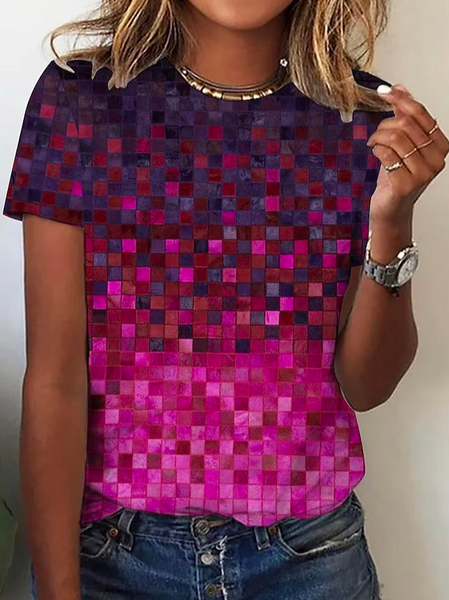 

Vacation Geometric Crew Neck Loose T-Shirt, Pink, T-Shirts