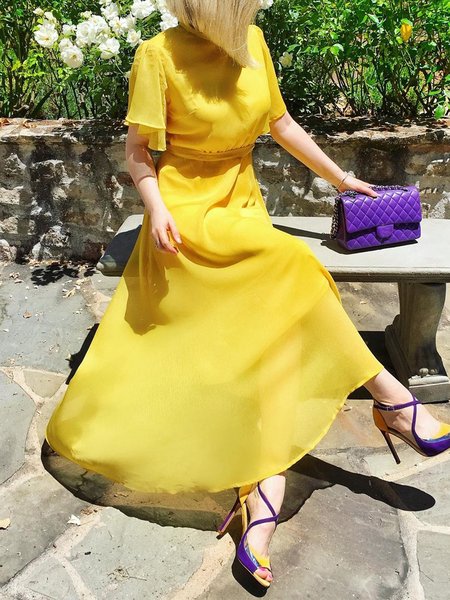 

Elegant Regular Fit Crew Neck Maxi Dress, Yellow, Maxi Dresses