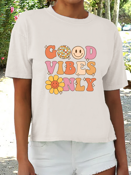 

Women's Cute Flower Good Vibes Only Loose T-Shirt, Apricot, T-shirts