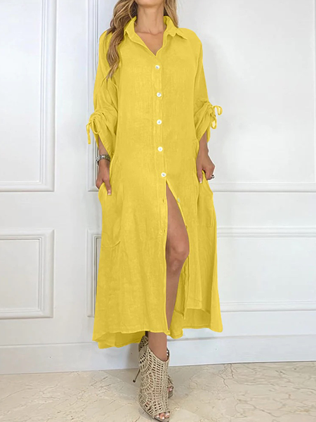 

Loose Urban Shirt Collar Long sleeve Maxi Dress Shirt Dress, Yellow, Maxi Dresses