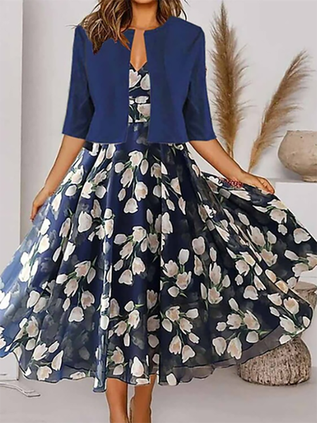 

Floral Elegant Crew Neck Two-Piece Set, Blue, Formal Dresses