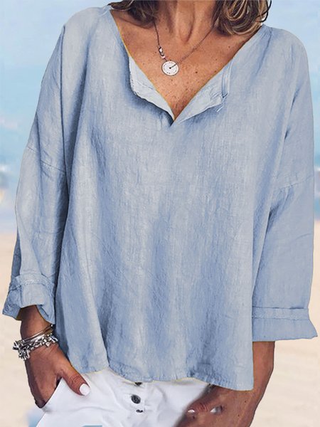 

women's linen boutique Plain Linen Loose Shirt, Light blue, Tunics