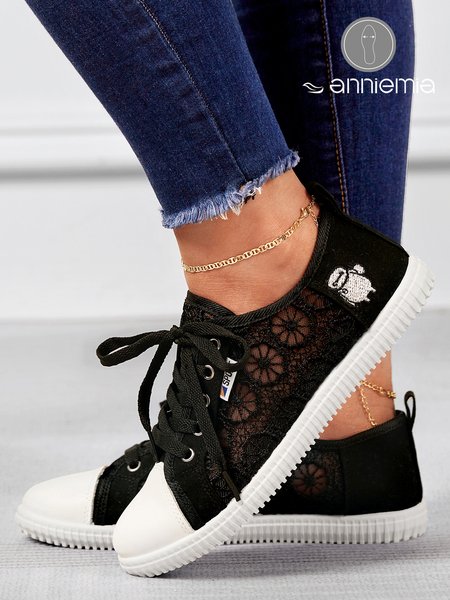 

Casual Breathable Mesh Lace-Up Canvas Shoes, Black, Sneakers